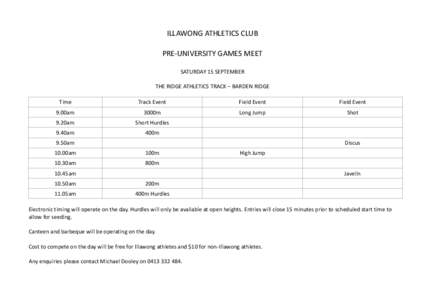 ILLAWONG ATHLETICS CLUB PRE-UNIVERSITY GAMES MEET SATURDAY 15 SEPTEMBER THE RIDGE ATHLETICS TRACK – BARDEN RIDGE Time