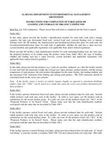 ALABAMA DEPARTMENT OF ENVIRONMENTAL MANAGEMENT AIR DIVISION INSTRUCTIONS FOR COMPLETION OF FORM ADEM-108 LOADING AND STORAGE OF ORGANIC COMPOUNDS Item Nos. 1-6 Self-explanatory. Please ensure that each item is completed 