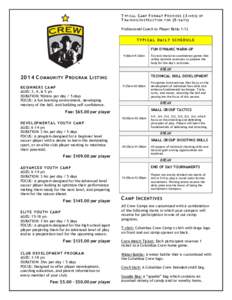 T Y P I C A L C A M P F O R M A T P R O V I D E S (3 - H R S ) O F T R A I N I N G I N S T R U C T I O N F O R (5 - D A Y S ) Professional Coach to Player Ratio 1:12 TYPICAL DAILY SCHEDULE FUN DYNAMIC WARM-UP 9:00am-9:30