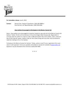 For immediate release: June 6, 2012    Contact:  Denise Clark, Program Coordinator, (503) 585‐9998 or      