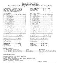 Soccer Box Score (Final) The Automated ScoreBook Oregon State vs San Diego State (Oct 27, 2013 at San Diego, Calif.)