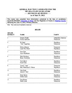 GENERAL ELECTION CANDIDATES FOR THE NEVADA STATE LEGISLATURE[removed]REGULAR SESSION-----(as of June 27, 2012) This roster was compiled from information contained in the lists of candidates issued by Nevada’s Secret