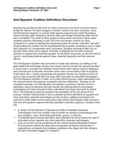 Anti-Spyware Coalition Definitions Document Working Report, November 12th 2007 Page 1  Anti-Spyware Coalition Definitions Document