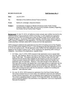 Consideration of Appeal on Behalf of American Indian Public Charter, American Indian Public High, and Community Outreach Academy Regarding the Charter School Facility Program