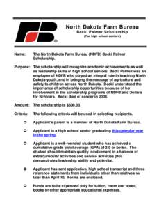 North Dakota Farm Bureau Becki Palmer Scholarship (For high school seniors) Name:
