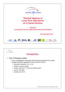 Thermal Aspects of Long Term Operations on a Comet Surface ESATAN a simulation tool for experiment timeline optimisation HP. Schmidt, DLR .