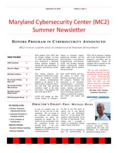 September 15, 2012  Volume 1, Issue 1 Maryland Cybersecurity Center (MC2) Summer Newsletter
