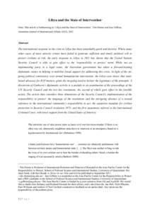 Libya and the State of Intervention∗ Note: This article is forthcoming as ‘Libya and the State of Intervention’, Tim Dunne and Jess Gifkins, Australian Journal of International Affairs, 65(5), 2011 Abstract The int