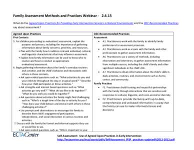 Family Assessment Methods and Practices WebinarWhat do the Agreed Upon Practices for Providing Early Intervention Services in Natural Environments and the DEC Recommended Practices say about assessment? Agreed 