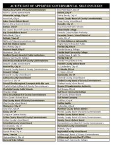 ACTIVE LIST OF APPROVED GOVERNMENTAL SELF-INSURERS Alachua County Bd. of County Commissioners Alachua County School Board Altamonte Springs, City of Avon Park, City of Baker County School Board