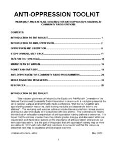 ANTI-OPPRESSION TOOLKIT WORKSHOP AND EXERCISE OUTLINES FOR ANTI-OPPRESSION TRAINING AT COMMUNITY RADIO STATIONS CONTENTS: INTRODUCTION TO THE TOOLKIT.......................................................................