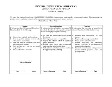 KENOSHA UNIFIED SCHOOL DISTRICT Nº1  Student-Parent-Teacher Agreement Partners in Learning We know that students learn best at HARBORSIDE ACADEMY when everyone works together to encourage learning. This agreement is a p