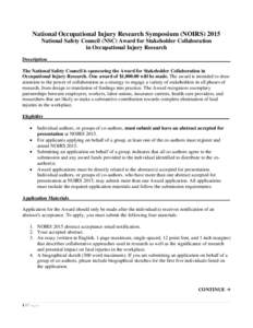 National Occupational Injury Research Symposium (NOIRS[removed]National Safety Council (NSC) Award for Stakeholder Collaboration in Occupational Injury Research