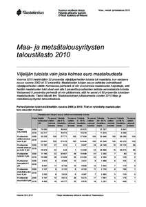 Maa-, metsä- ja kalatalous[removed]Maa- ja metsätalousyritysten taloustilasto 2010 Viljelijän tuloista vain joka kolmas euro maataloudesta Vuonna 2010 keskimäärin 32 prosenttia viljelijäperheiden tuloista tuli maatil