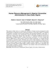 Third 21st CAF Conference at Harvard, in Boston, USA. September 2015, Vol. 6, Nr. 1 ISSN: Human Resource Management in Nigerian Universities Administration in Osun-State, Nigeria