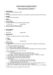 RIVERTON COMMUNITY MANAGEMENT COMMITTEE Minutes of meeting held 4Th December 2012 At RSL House, Torrens Road, Riverton. 1)  Meeting Opened: