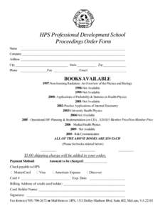 HPS Professional Development School Proceedings Order Form
