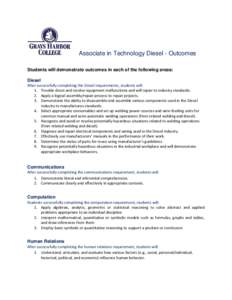 Associate in Technology Diesel - Outcomes Students will demonstrate outcomes in each of the following areas: Diesel After successfully completing the Diesel requirements, students will: 1. Trouble shoot and resolve equip