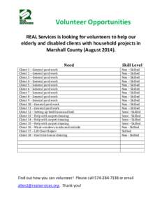 Volunteer Opportunities REAL Services is looking for volunteers to help our elderly and disabled clients with household projects in Marshall County (August[removed]Need Client 1 – General yard work