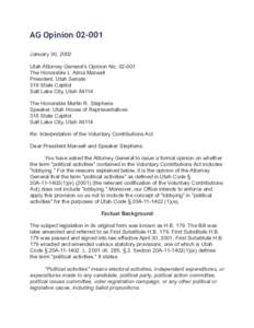 AG Opinion[removed]January 30, 2002 Utah Attorney General’s Opinion No[removed]The Honorable L. Alma Mansell President, Utah Senate 319 State Capitol