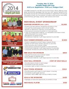 Tuesday, May 13, 2014 Woodfin Ridge Golf Club 8:00 a.m. Registration | 9:00 a.m. Shotgun Start Join BBB Upstate for the 18th Annual Golf Classic! We’re offering some great sponsorship packages that you just can’t ign