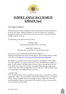 SYDNEY ANZAC DAY MARCH UPDATE No.5 UNIT FORM UP FORMAT The following format is how all Ship/Division/sub-unit/Squadron associations should form up for the 2015 Sydney ANZAC Day March. To avoid any confusion it is vital t