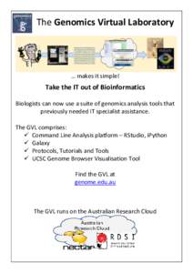 The Genomics Virtual Laboratory  … makes it simple! Take the IT out of Bioinformatics Biologists can now use a suite of genomics analysis tools that