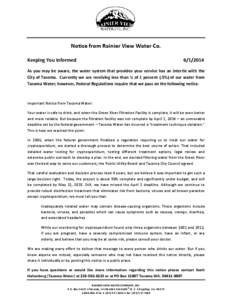 Notice from Rainier View Water Co. Keeping You Informed[removed]As you may be aware, the water system that provides your service has an intertie with the