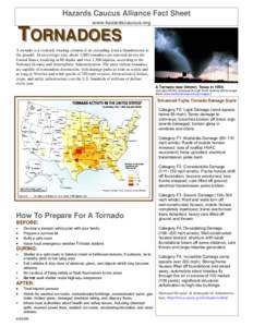 Hazards Caucus Alliance Fact Sheet www.hazardscaucus.org TORNADOES A tornado is a violently rotating column of air extending from a thunderstorm to the ground. In an average year, about 1,000 tornadoes are reported acros