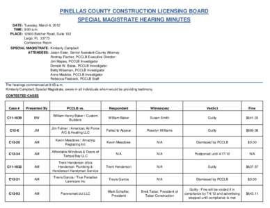 PINELLAS COUNTY CONSTRUCTION LICENSING BOARD SPECIAL MAGISTRATE HEARING MINUTES DATE: Tuesday, March 6, 2012 TIME: 9:00 a.m. PLACE: 12600 Belcher Road, Suite 102 Largo, FL 33773