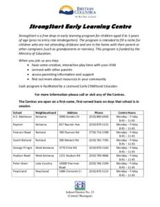   StrongStart Early Learning Centre StrongStart is a free drop-in early learning program for children aged 0 to 5 years of age (prior to entry into kindergarten). The program is intended to fill a niche for children w