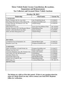Motor Vehicle Dealer License Cancellations, Revocations, Suspensions and Reinstatements Tax Collectors and Licensed Motor Vehicle Auctions October 28, 2013 Dealership CANCELLED: