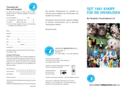 Tierschutz mit Herz und Verstand Ich möchte aktiv werden, um Tieren in Not zu helfen. Deshalb werde ich förderndes Mitglied im Deutschen Tierschutzbund. Ich zahle ab Monat ______________