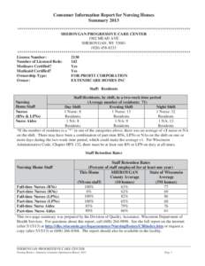 Consumer Information Report for Nursing Homes Summary 2013 ************************************************************************************** SHEBOYGAN PROGRESSIVE CARE CENTER 1902 MEAD AVE SHEBOYGAN, WI 53081