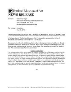 NEWS RELEASE Contact: Kristen Levesque Director of Marketing and Public Relations[removed], ext. 3223