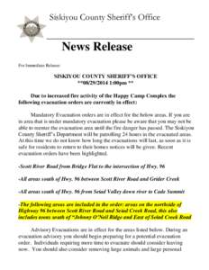 Siskiyou County Sheriff’s Office  News Release For Immediate Release:  SISKIYOU COUNTY SHERIFF’S OFFICE