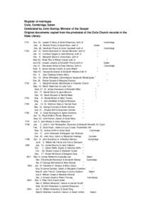 Register of marriages Coila, Cambridge, Salem Celebrated by John Dunlop, Minister of the Gospel Original documents copied from the photostat of the Coila Church records in the State Library. 1791