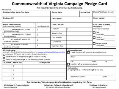 Commonwealth of Virginia Campaign Pledge Card Please print Employee’s Last Name, First Name Not needed if donating online or by direct giving. Agency Name