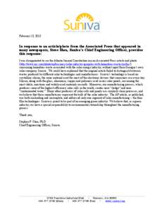 February 13, 2013  In response to an article/photo from the Associated Press that appeared in many newspapers, Steve Shea, Suniva’s Chief Engineering Officer, provides this response: I was disappointed to see the Atlan