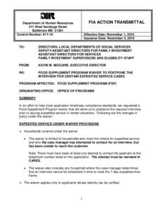 FIA ACTION TRANSMITTAL  Department of Human Resources 311 West Saratoga Street Baltimore MD[removed]Control Number: #11-10