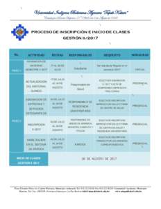 Universidad Indígena Boliviana Aymara “Tupak Katari” Creada por Decreto Supremo Nº 29664 de 2 de Agosto de 2008 PROCESO DE INSCRIPCIÓN E INICIO DE CLASES GESTIÓN II/2017