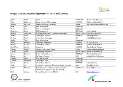 Delegate List of 5th Living Knowledge Conference 2012 in Bonn, Germany Balázs Bates Bocquet Bonk Bozek