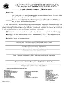 ARMY AVIATION ASSOCIATION OF AMERICA, INC. AAAA, 593 Main Street, Monroe, CT[removed] – Tele: ([removed] – Fax: ([removed]Application for Industry Membership  Check One: _________ Full: Twenty-four (24)