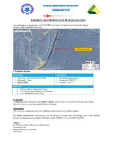 MINERAL RESOURCES DEPARTMENT  Seismology Unit EARTHQUAKE INFORMATION RELEASE NOAn earthquake occurred today at 02:23:50 PM local time, 816 km S from Nukualofa, Tonga.