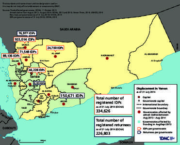 The boundaries and names shown and the designations used on this map do not imply official endorsement or acceptance by IDMC. Sources: Flood-affected governorates: OCHA, 11 October 2013 Armed clashes from AugustA