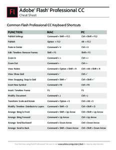 Adobe® Flash® Professional CC Cheat Sheet Common Flash Professional CC Keyboard Shortcuts FUNCTION