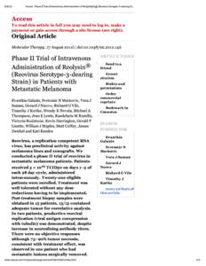 Access : Phase II Trial of Intravenous Administration of Reolysin|[reg]| (Reovirus Serotype-3-dearing Strain) in Patients with