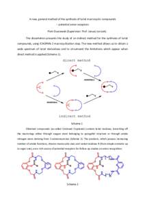 A new, general method of the synthesis of lariat macrocyclic compounds – potential anion receptors Piotr Duszewski (Supervisor: Prof. Janusz Jurczak) The dissertation presents the study of an indirect method for the sy