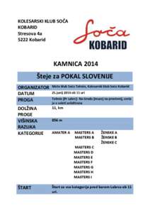 KOLESARSKI KLUB SOČA KOBARID Stresova 4a 5222 Kobarid  KAMNICA 2014