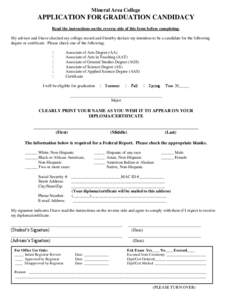 Mineral Area College  APPLICATION FOR GRADUATION CANDIDACY